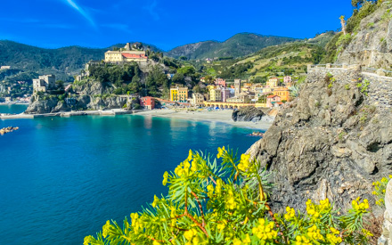The historic center of the village and the Capuchin Monastery on the top of the hill, Monterosso al Mare, Cinque Terre