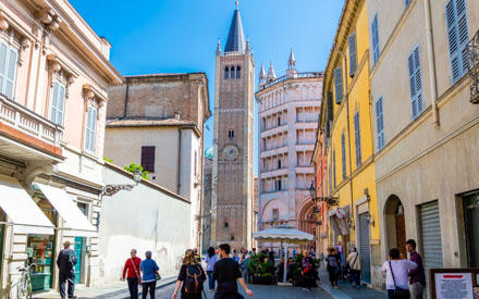 View of the Baptistery and the Cathedral Tower of Parma, Cinque Terre